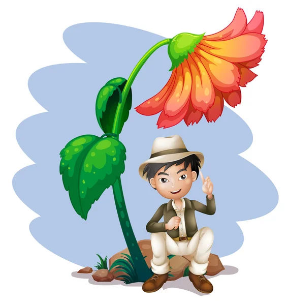 Ένα αγόρι καθιστός σε βράχο κάτω από ένα μεγάλο λουλούδι — Διανυσματικό Αρχείο