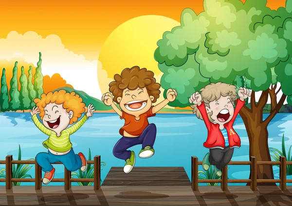 Three happy boys at the wooden bridge — Stock Vector