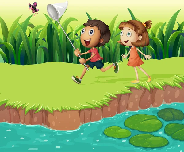 Enfants attrapant des papillons — Image vectorielle