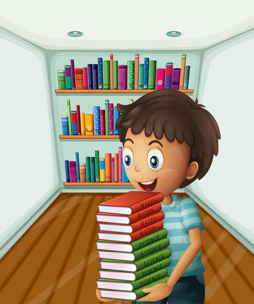 Bir çocuk bir yığın kitap taşıma — Stok Vektör
