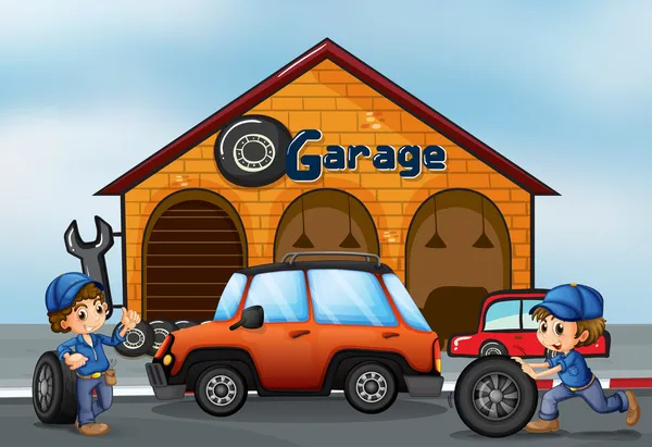 Two boys working at the garage — Stock Vector