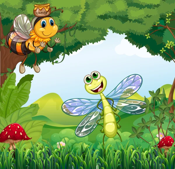 A dragonfly and a bee at the forest — Stock Vector