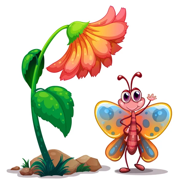 Une fleur géante à côté d'un papillon coloré — Image vectorielle