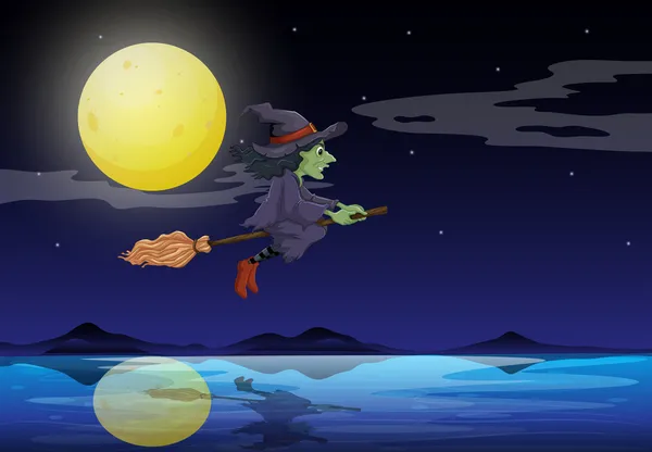 Une sorcière chevauchant un balai voyageant au milieu de la nuit — Image vectorielle