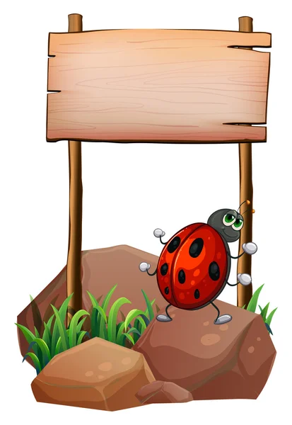 A bug below the empty wooden signboard — Stock Vector