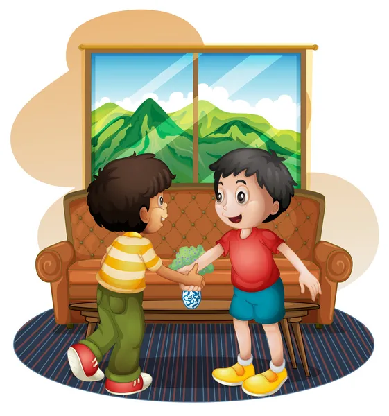 Dos chicos estrechando las manos cerca del sofá — Vector de stock