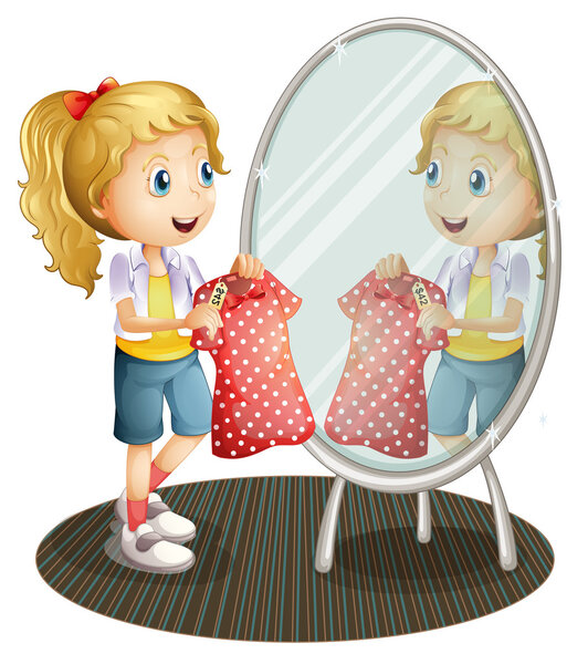 A girl holding a red dress in front of the mirror