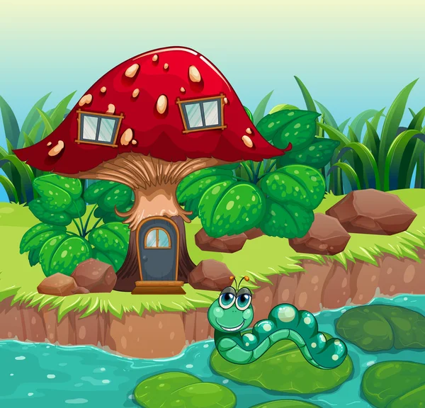 红色蘑菇房子附近的蠕虫 — 图库矢量图片