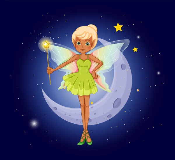 A fairy holding a wand in front of the crescent — Stock Vector