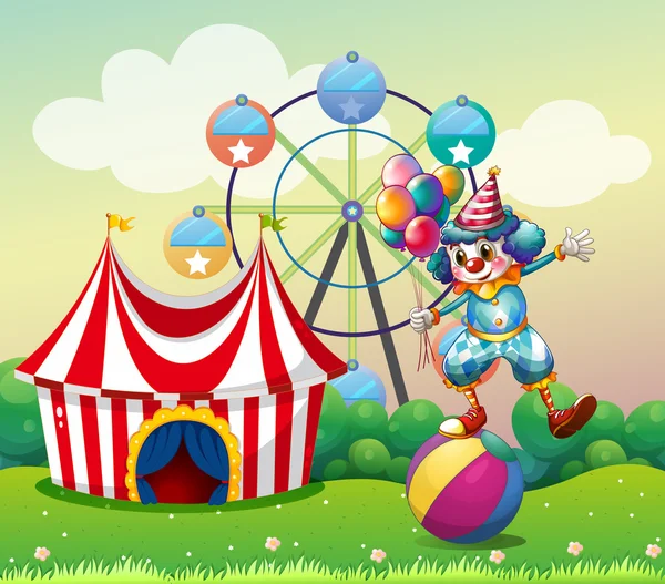 A clown balancing above an inflatable ball at the carnival — Stock Vector