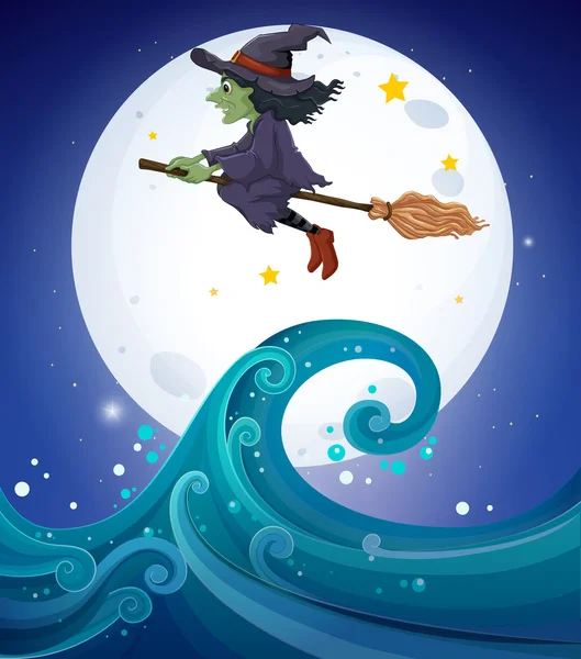 A witch above the giant waves — Stock Vector