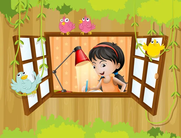 Ένα κορίτσι σπουδές κοντά στο παράθυρο με τα πουλιά — Διανυσματικό Αρχείο