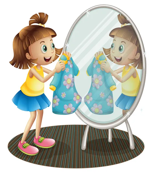 Ein Mädchen blickt mit ihrem Kleid in den Spiegel — Stockvektor