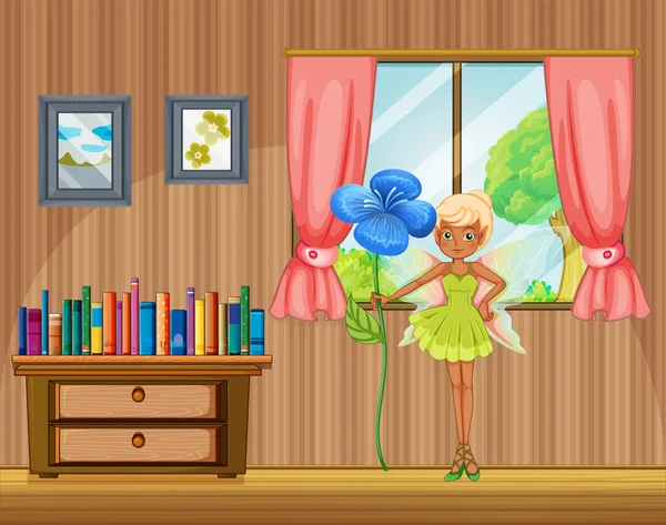 家の中で花を持つ妖精 — ストックベクタ