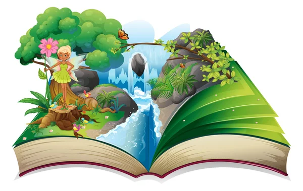 A book with an image of nature with a fairy — Stock Vector