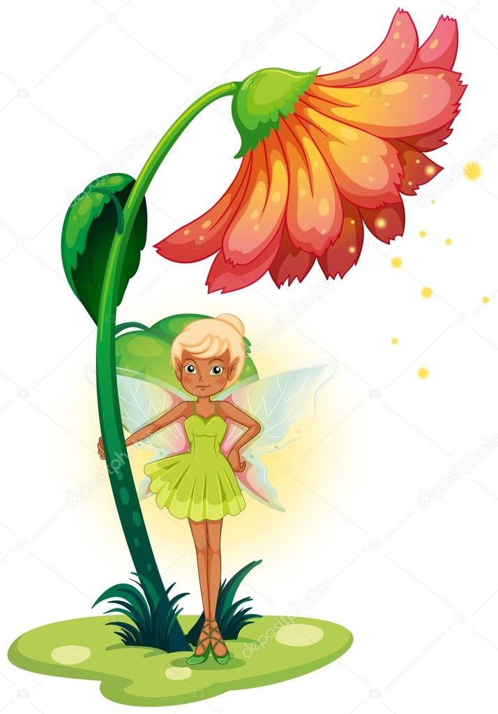 A fairy standing below the flower