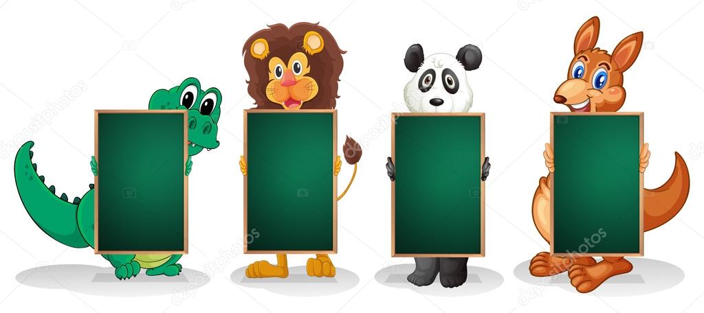 Four animals forming a line with empty blackboards