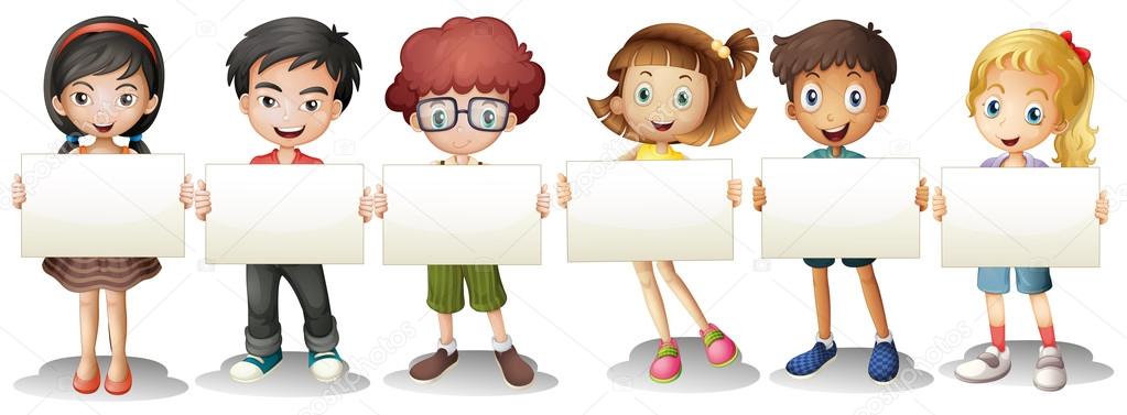 Six kids with empty signages — Stock Illustration Six kids with empty signages Vector Graphics