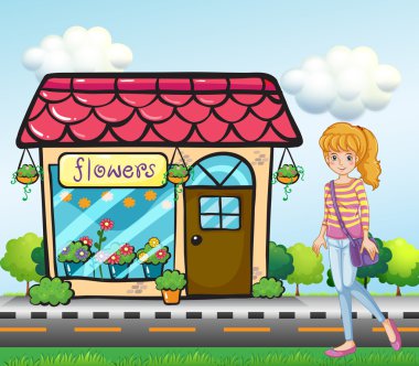 bir kıza çiçek mağazası dışında bir çanta