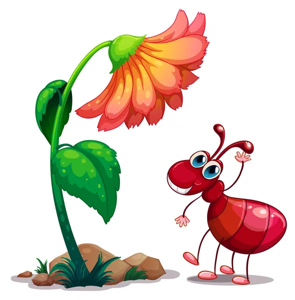Uma flor gigante ao lado da formiga vermelha — Vetor de Stock