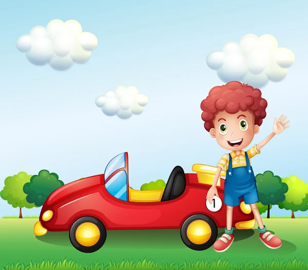 A boy waving his hand beside a car — Stock Vector