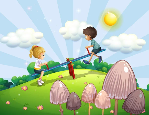 A boy and a girl riding a seesaw — Stock Vector