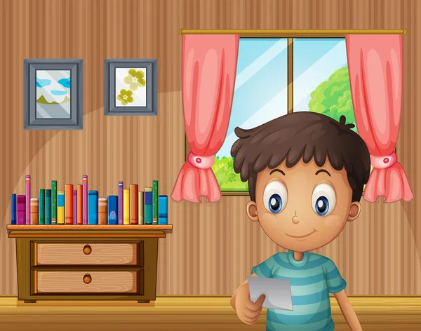 Um menino lendo um pequeno papel dentro da casa — Vetor de Stock