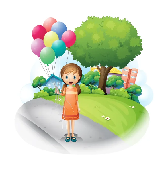 一个女孩在道与 8 个气球 — 图库矢量图片