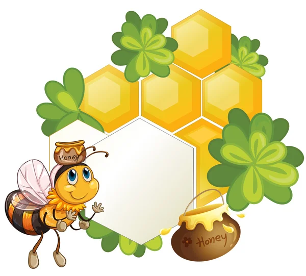 Una abeja al lado de una plantilla vacía con plantas verdes — Vector de stock