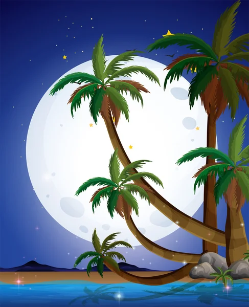 Una spiaggia con una luna piena luminosa — Vettoriale Stock