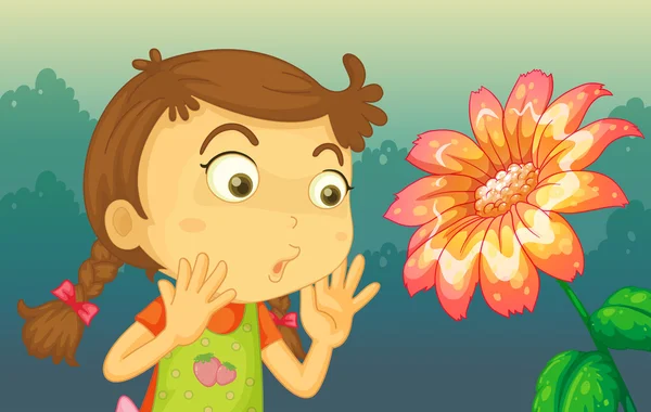 A girl shocked by a giant flower — Stock Vector