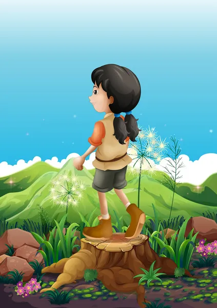 Ein Mädchen steht über einem Baumstumpf — Stockvektor