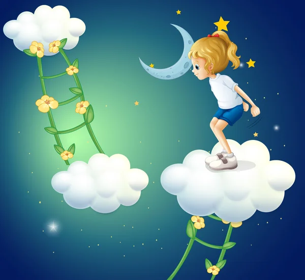 Una chica por encima de las nubes con una planta escalera — Vector de stock