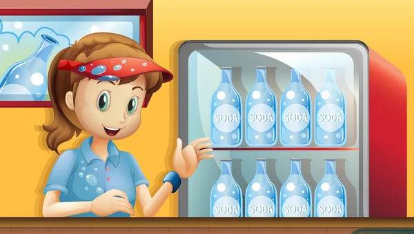 Una ragazza vicino a un frigorifero con bottiglie di soda — Vettoriale Stock