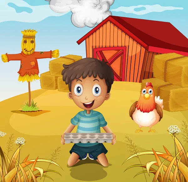 En pojke som håller en tom egg bricka på gården med en fågelskrämma — Stock vektor