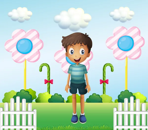 A boy in the garden with flower lollipops — Stock Vector