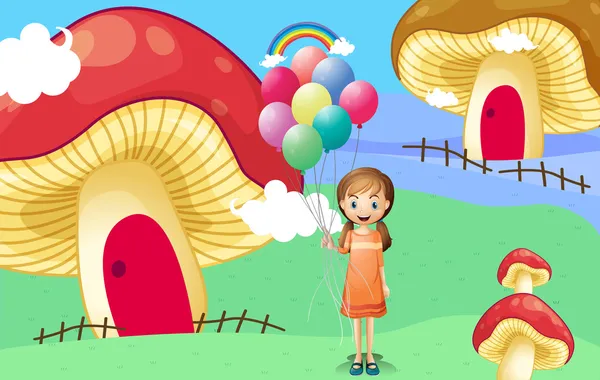 Uma menina com balões perto das casas de cogumelos — Vetor de Stock