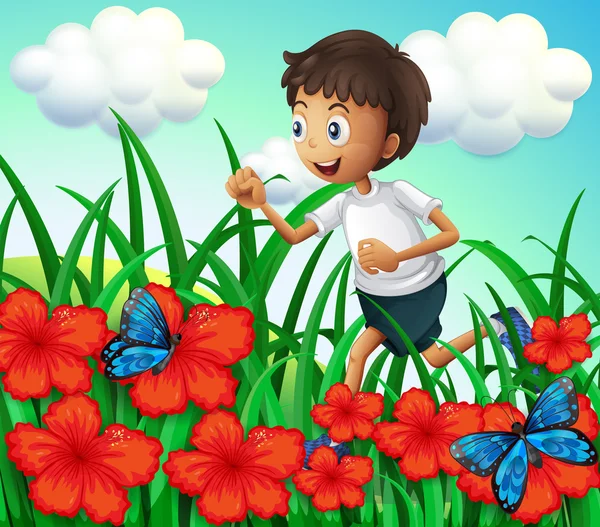 A boy running at the garden with flowers and butterflies — Stock Vector