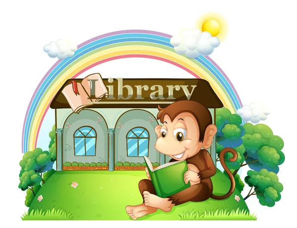 A monkey reading a book outside the library — Stock Vector