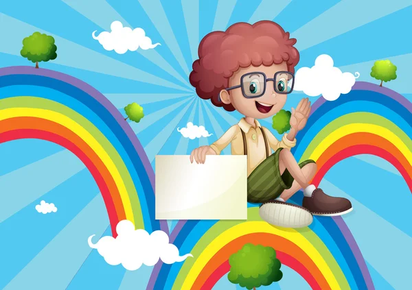 A boy above the rainbow holding an empty board — Stock Vector