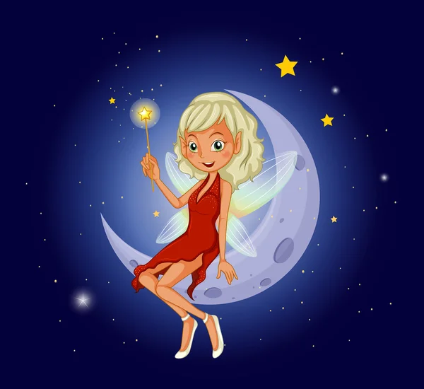 A fairy holding a magic wand sitting at the crescent moon — Stock Vector
