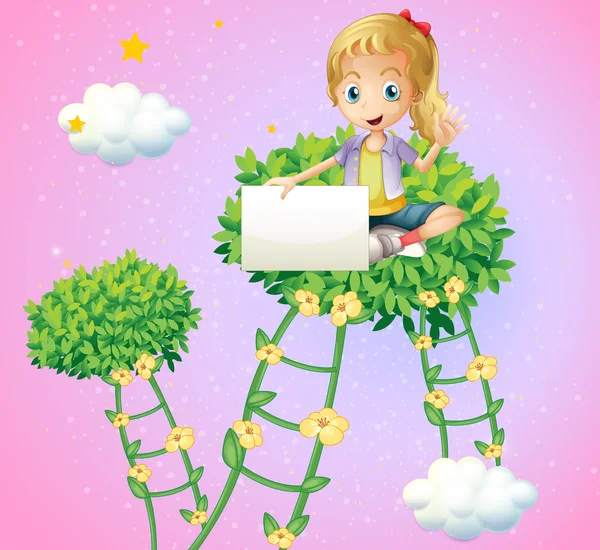 Ein Mädchen mit einem leeren Schild, das oben auf einer Pflanze sitzt Vektorgrafiken