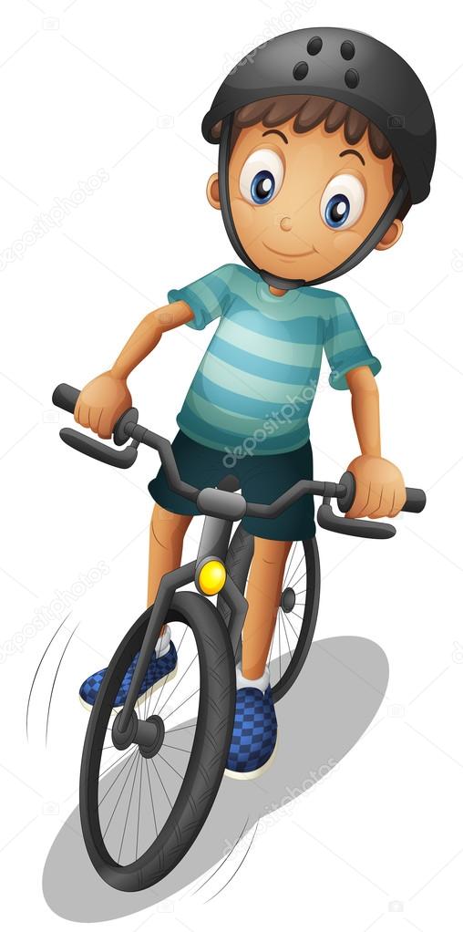 A boy biking wearing a helmet