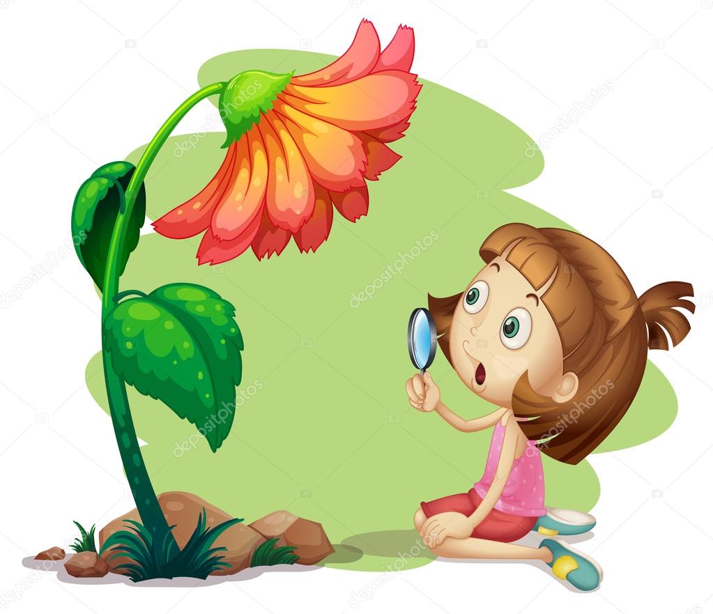 A girl holding a magnifying glass under a flower