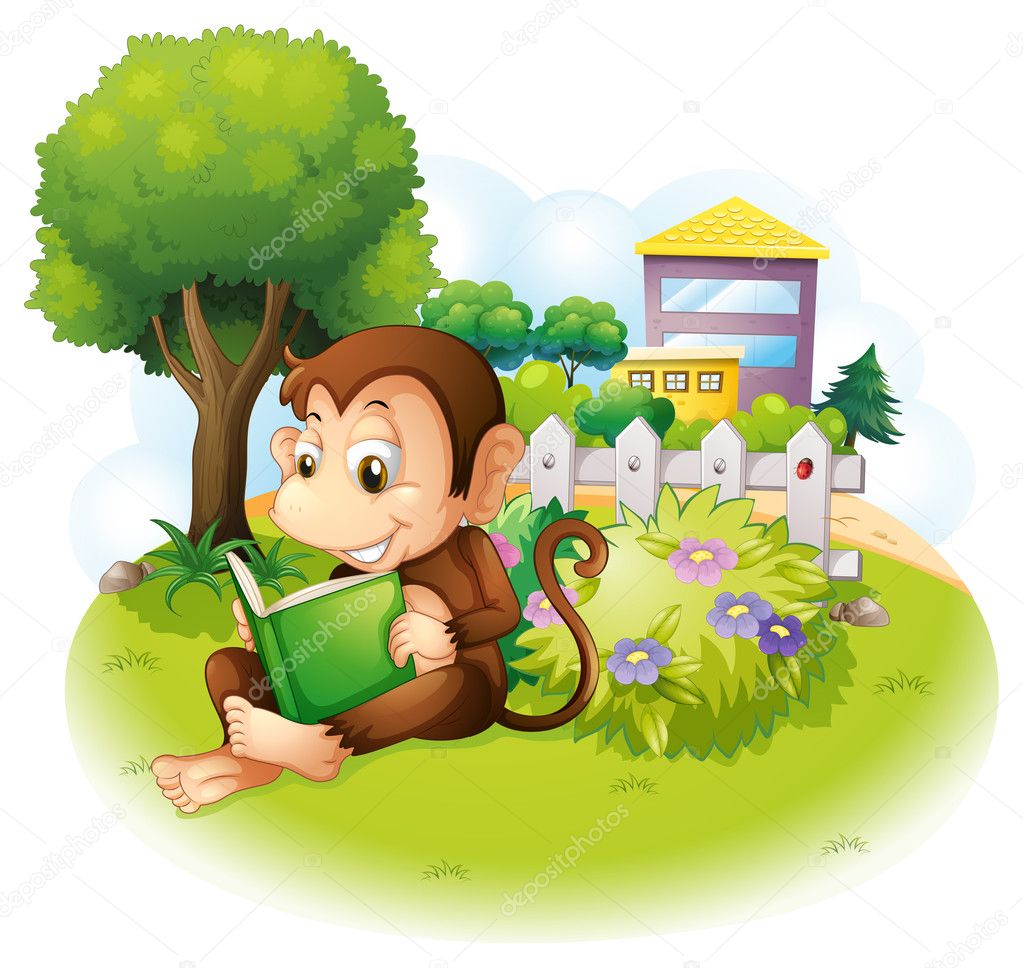 A monkey reading a book near the plants with flowers