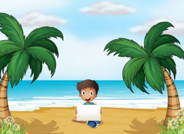 bir çocuk kumsalda boş bir tabela holding