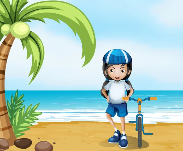Ένα θηλυκό ποδηλάτης που στέκεται στην παραλία — Διανυσματικό Αρχείο