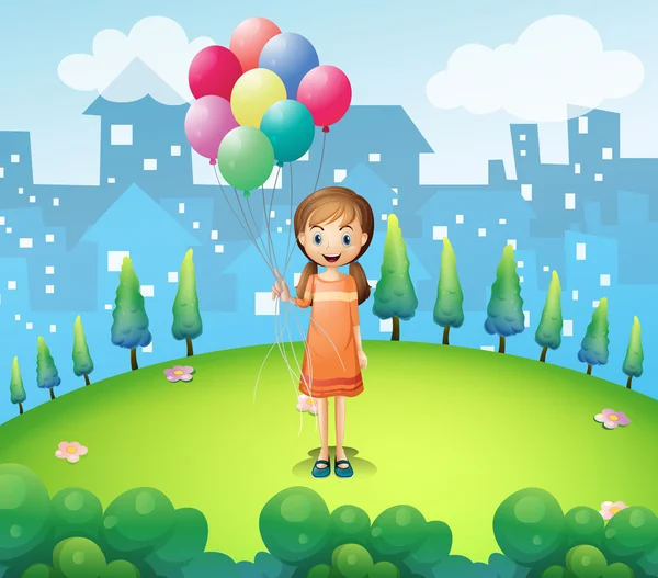 Uma menina segurando balões na cidade —  Vetores de Stock