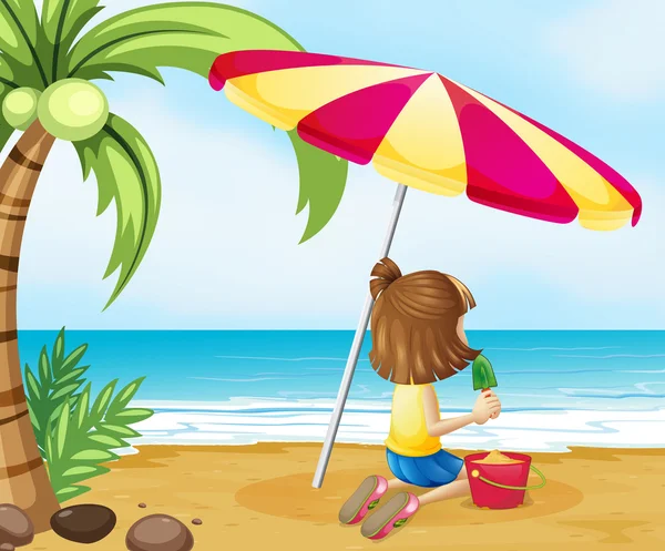 Молода дівчина грає з замком на пляжі — стоковий вектор
