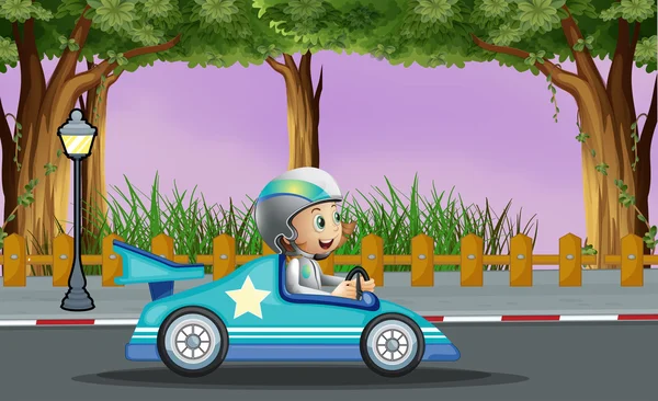 Un chico en su coche azul con una estrella blanca — Archivo Imágenes Vectoriales